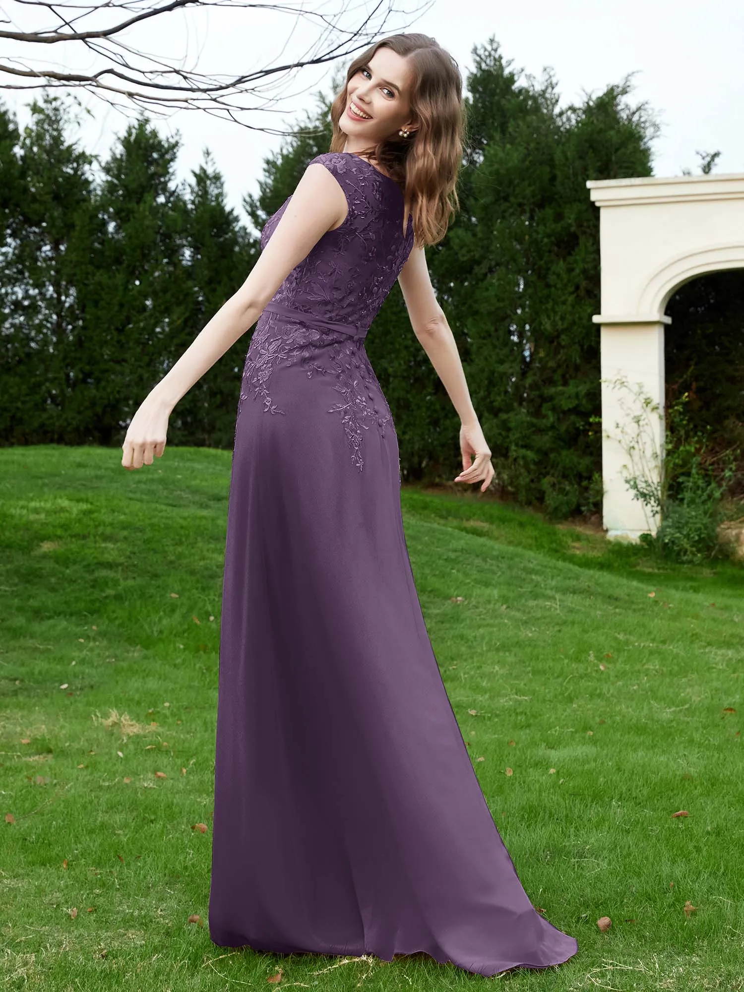 Elegant Illusion Lace Appliqued Dress With Buttons Plum Plus Size