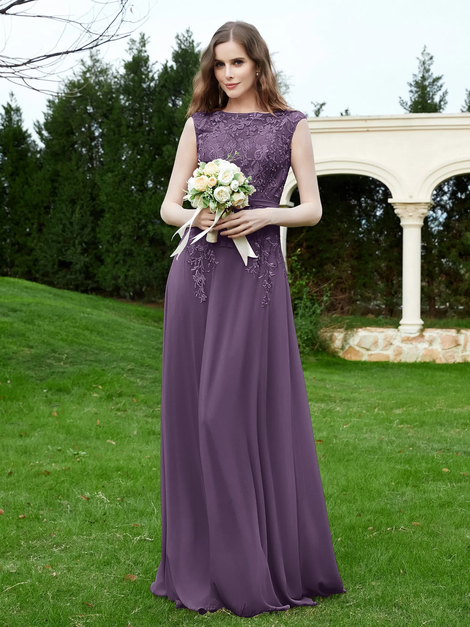Elegant Illusion Lace Appliqued Dress With Buttons Plum Plus Size