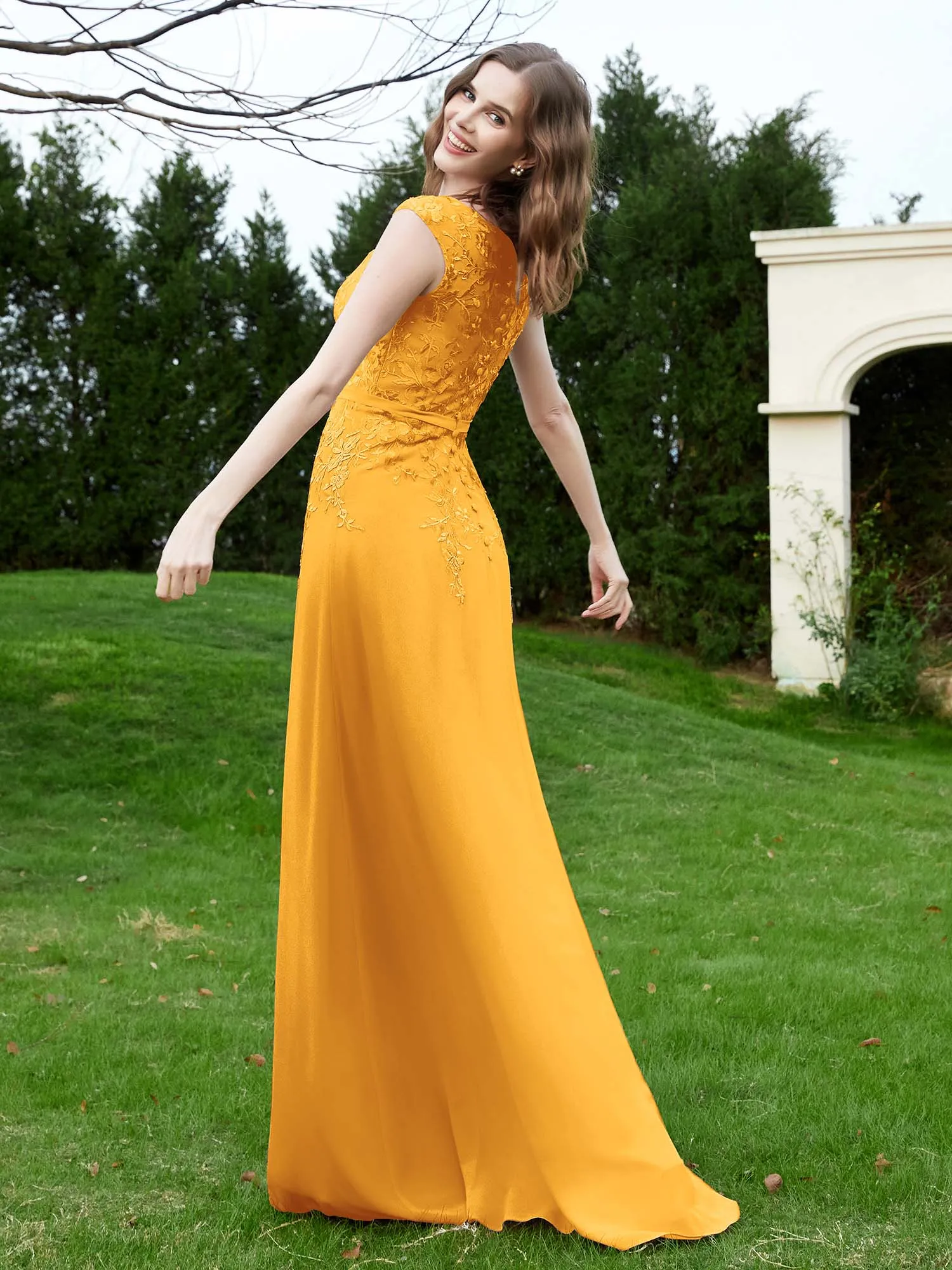 Elegant Illusion Lace Appliqued Dress With Buttons Tangerine