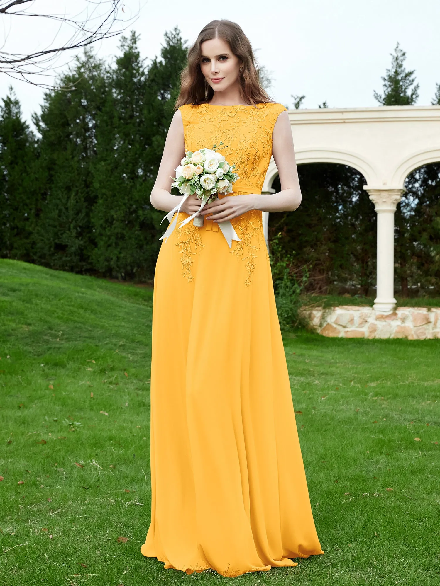 Elegant Illusion Lace Appliqued Dress With Buttons Tangerine