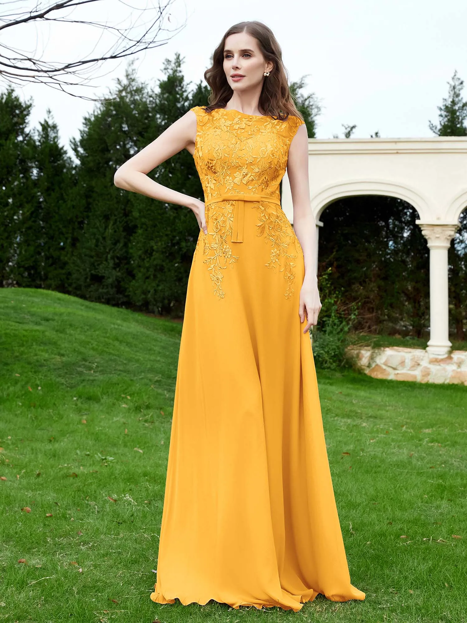 Elegant Illusion Lace Appliqued Dress With Buttons Tangerine