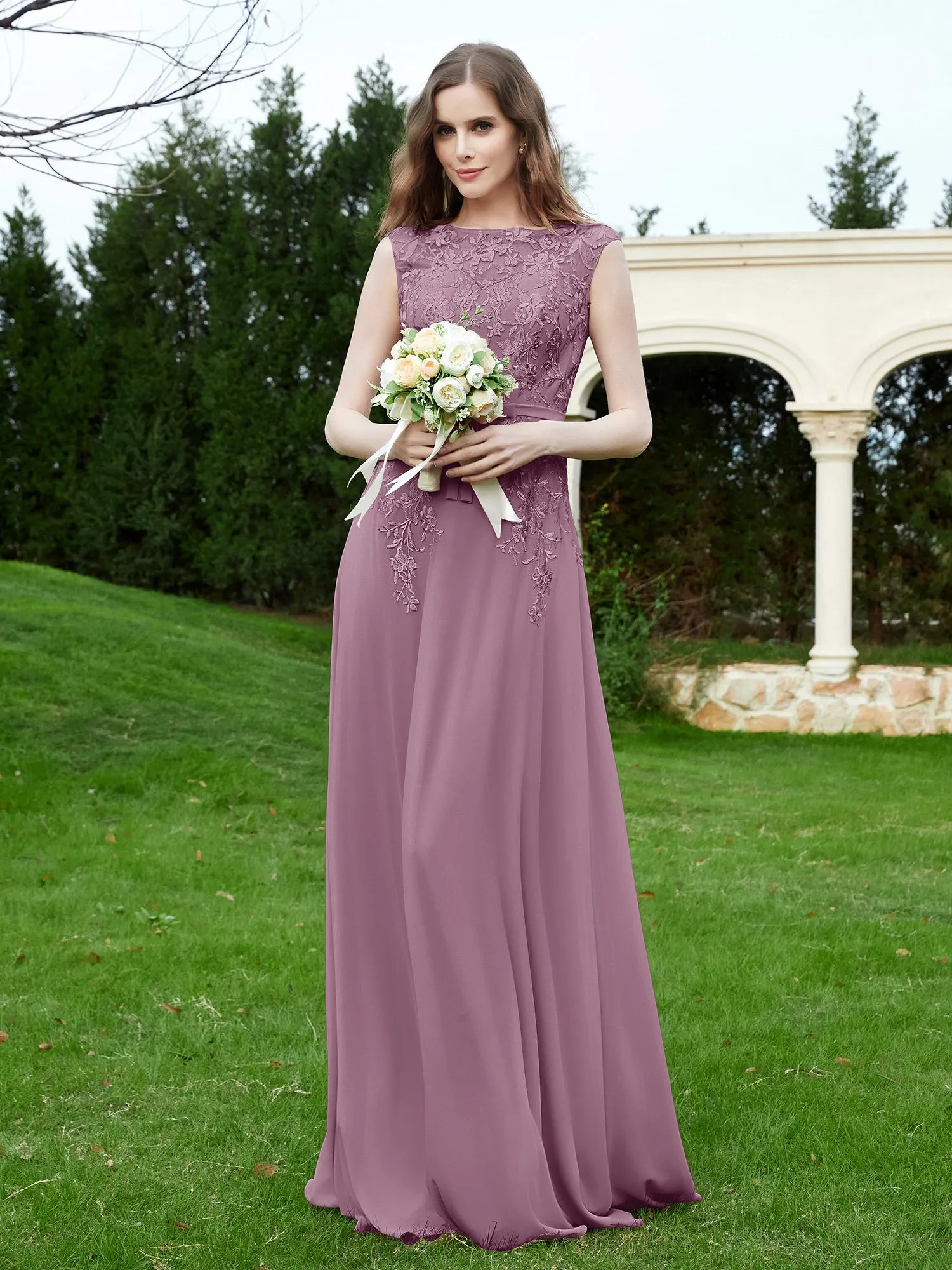 Elegant Illusion Lace Appliqued Dress With Buttons Wisteria