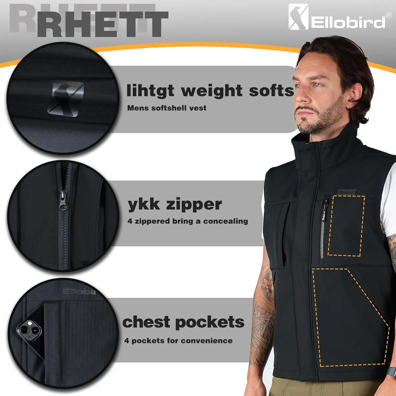 Ellobird Men's Softshell Vest, Warm Windproof Zip Pockets Waterproof Outerwear, Casual Hiking Travel Golf Sleeveless Jacket