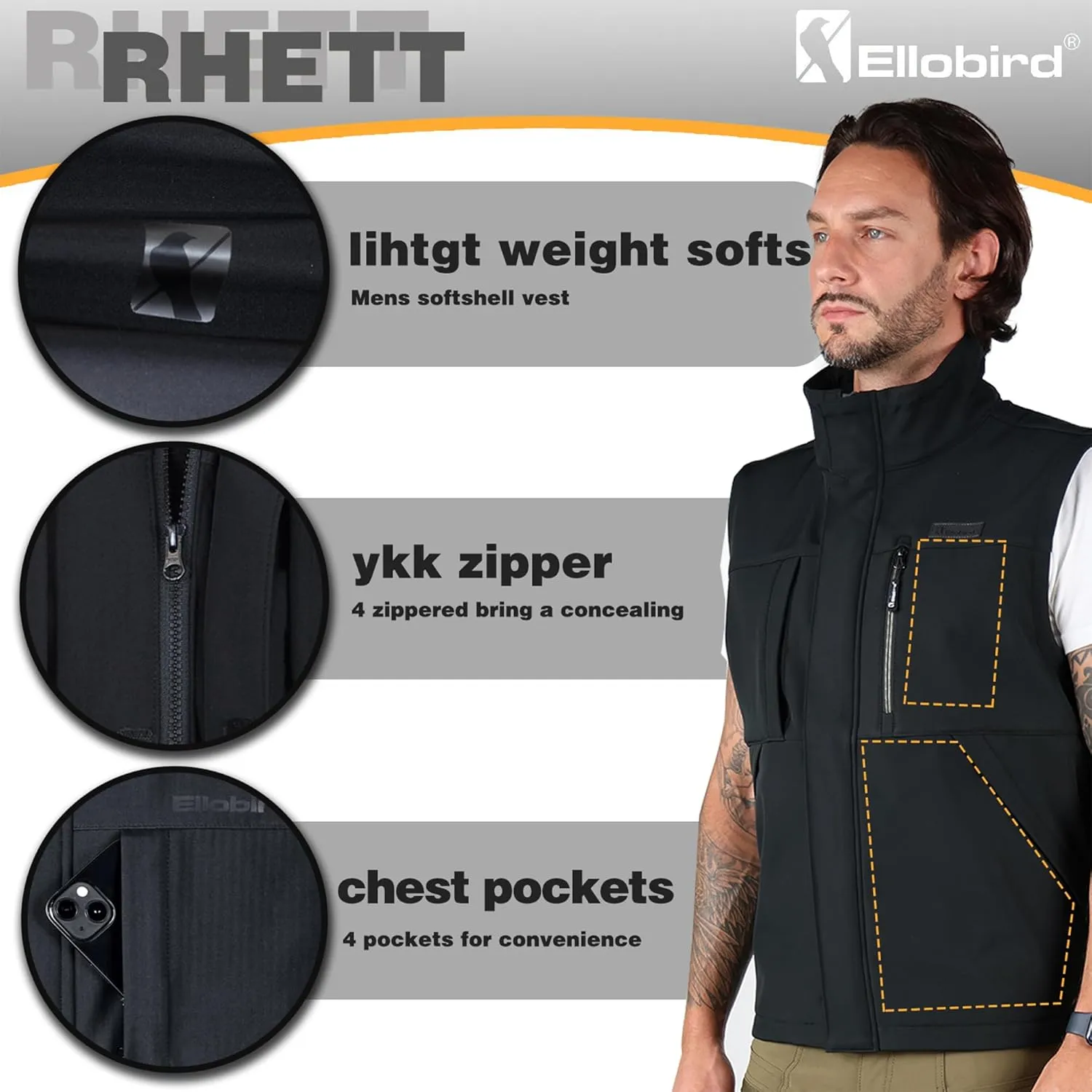 Ellobird Men's Softshell Vest, Warm Windproof Zip Pockets Waterproof Outerwear, Casual Hiking Travel Golf Sleeveless Jacket