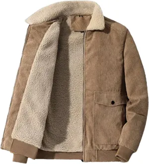 ERFMFKL Mens Cotton-Padded Corduroy Thickened Business Jacket Warm Solid Zipper Coat With Pocket