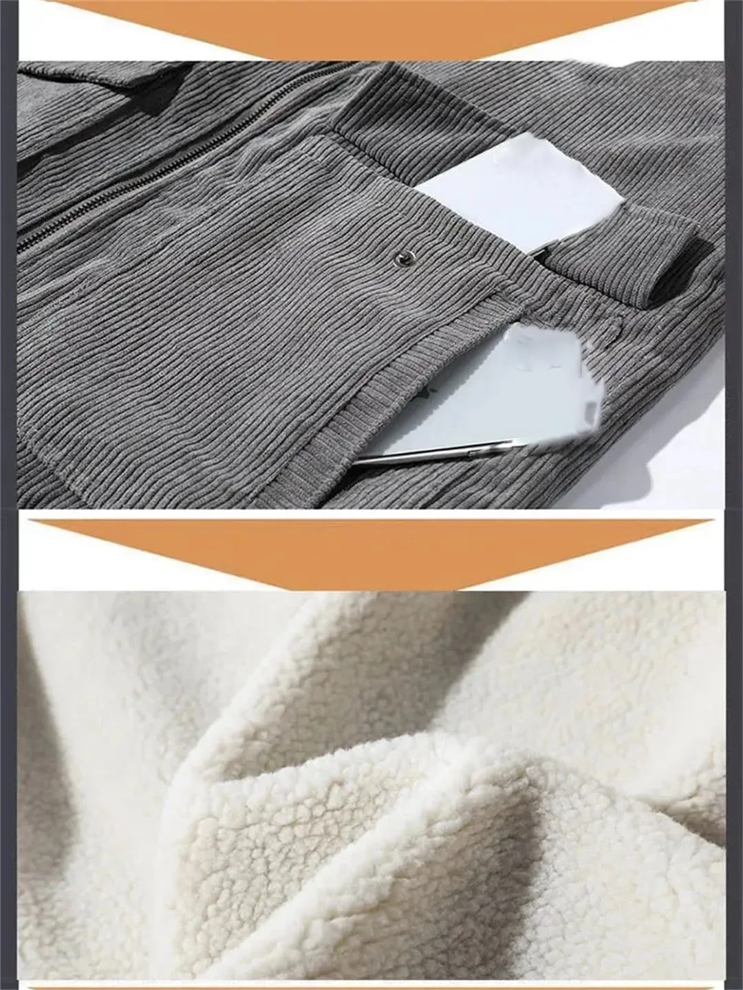 ERFMFKL Mens Cotton-Padded Corduroy Thickened Business Jacket Warm Solid Zipper Coat With Pocket