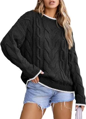 EVALESS Sweaters for Women Trendy Crewneck Long Sleeve Color Block Sweater Tops Fall 2024 Chunky Cable Knit Pullover Sweaters