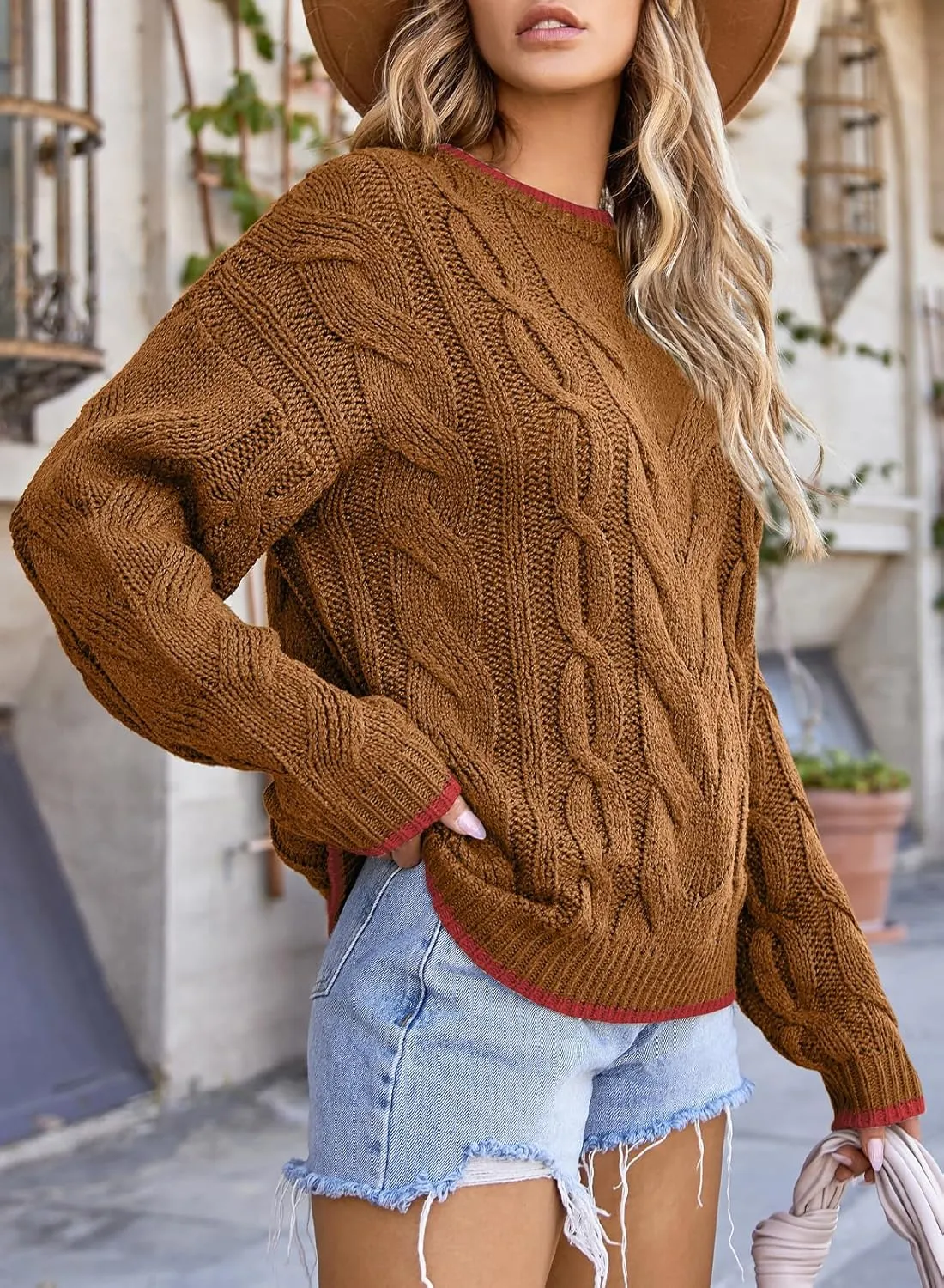 EVALESS Sweaters for Women Trendy Crewneck Long Sleeve Color Block Sweater Tops Fall 2024 Chunky Cable Knit Pullover Sweaters
