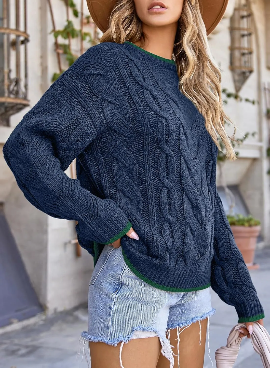 EVALESS Sweaters for Women Trendy Crewneck Long Sleeve Color Block Sweater Tops Fall 2024 Chunky Cable Knit Pullover Sweaters