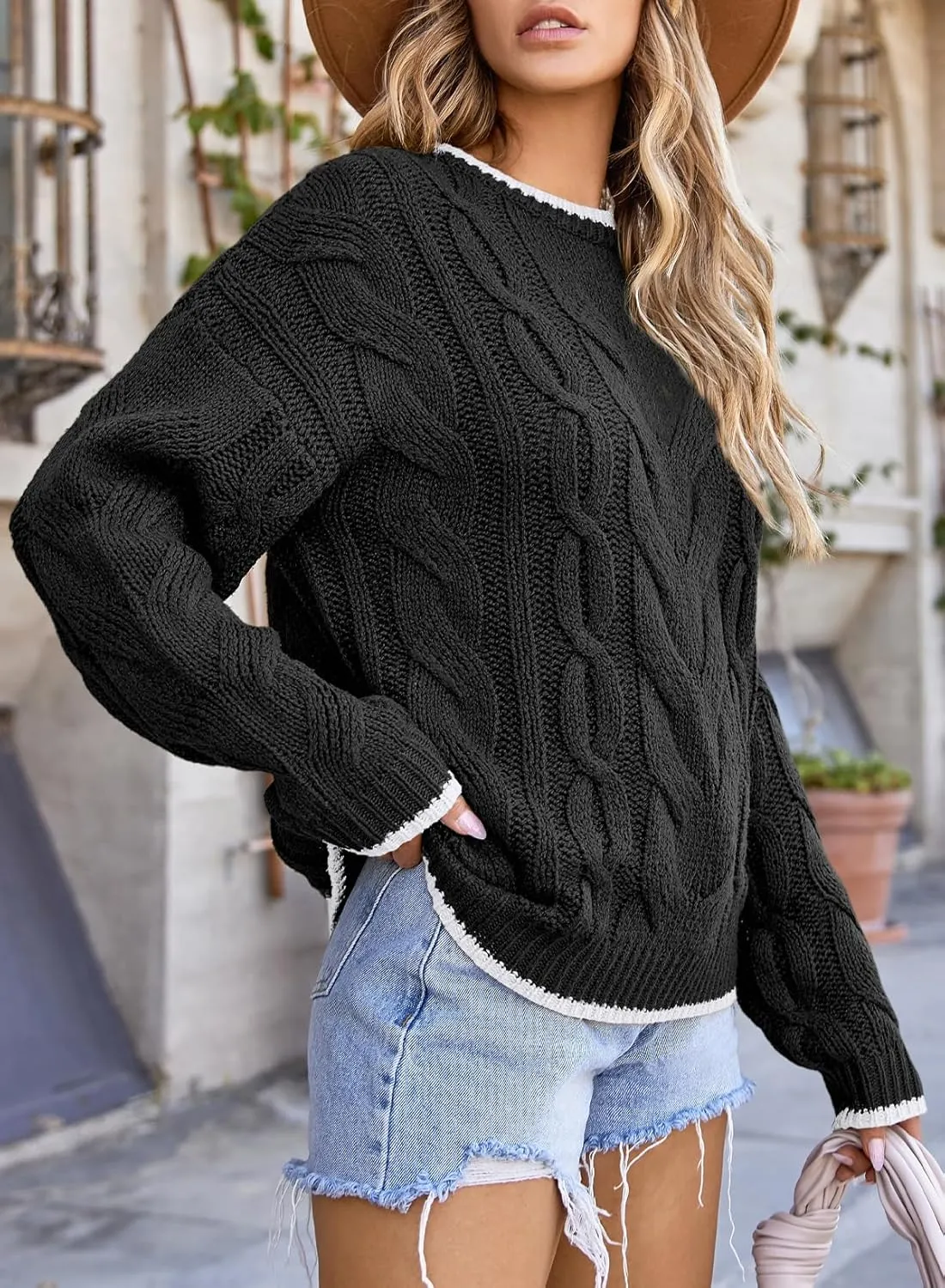 EVALESS Sweaters for Women Trendy Crewneck Long Sleeve Color Block Sweater Tops Fall 2024 Chunky Cable Knit Pullover Sweaters