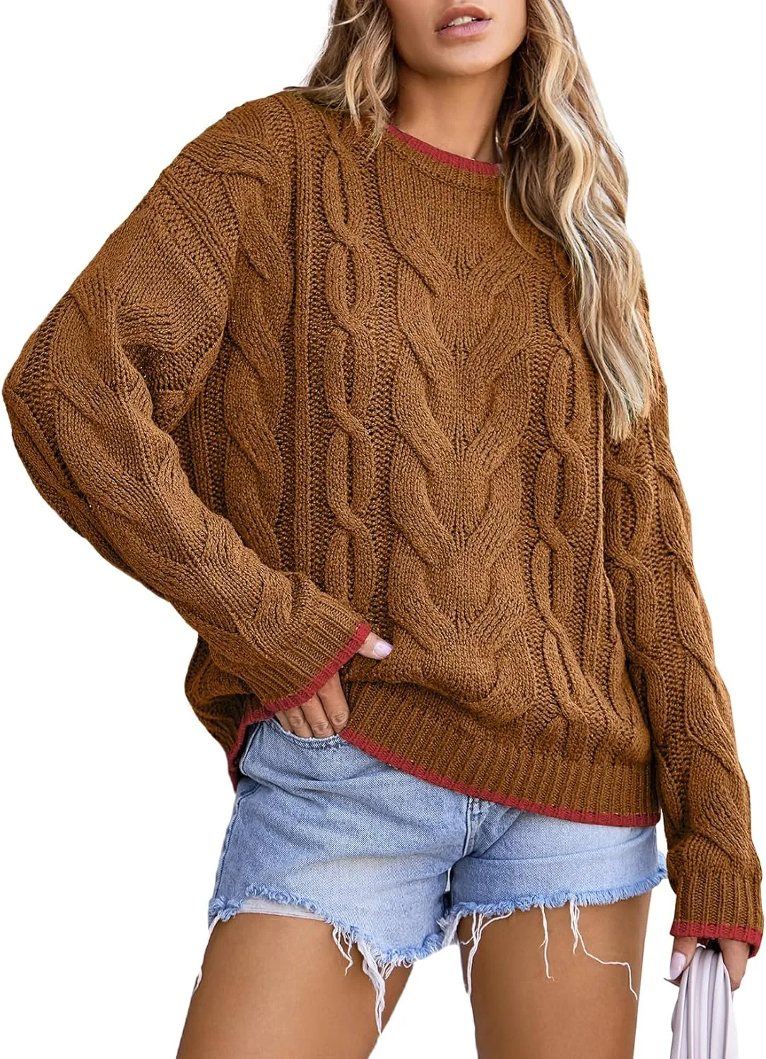 EVALESS Sweaters for Women Trendy Crewneck Long Sleeve Color Block Sweater Tops Fall 2024 Chunky Cable Knit Pullover Sweaters