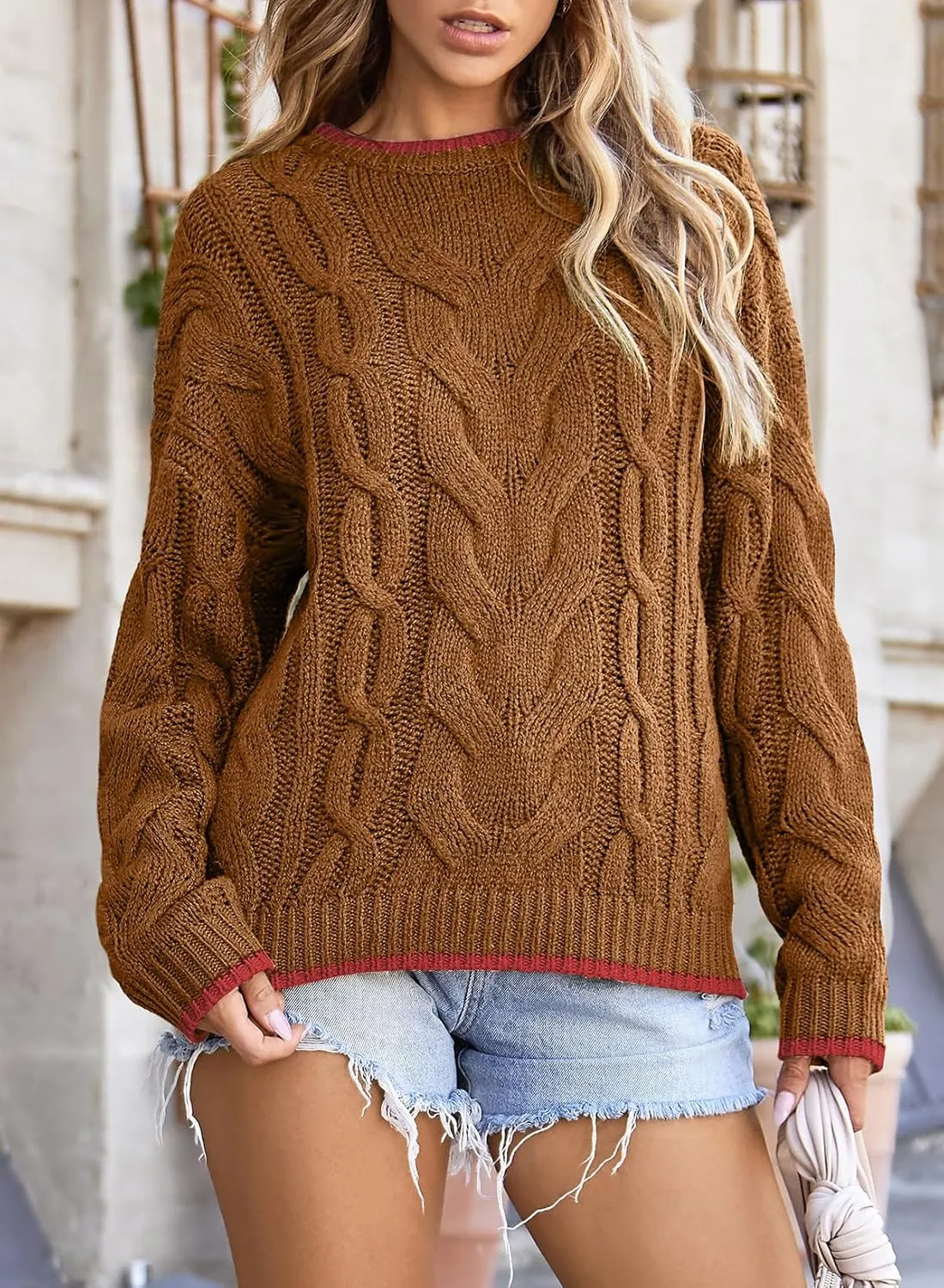 EVALESS Sweaters for Women Trendy Crewneck Long Sleeve Color Block Sweater Tops Fall 2024 Chunky Cable Knit Pullover Sweaters