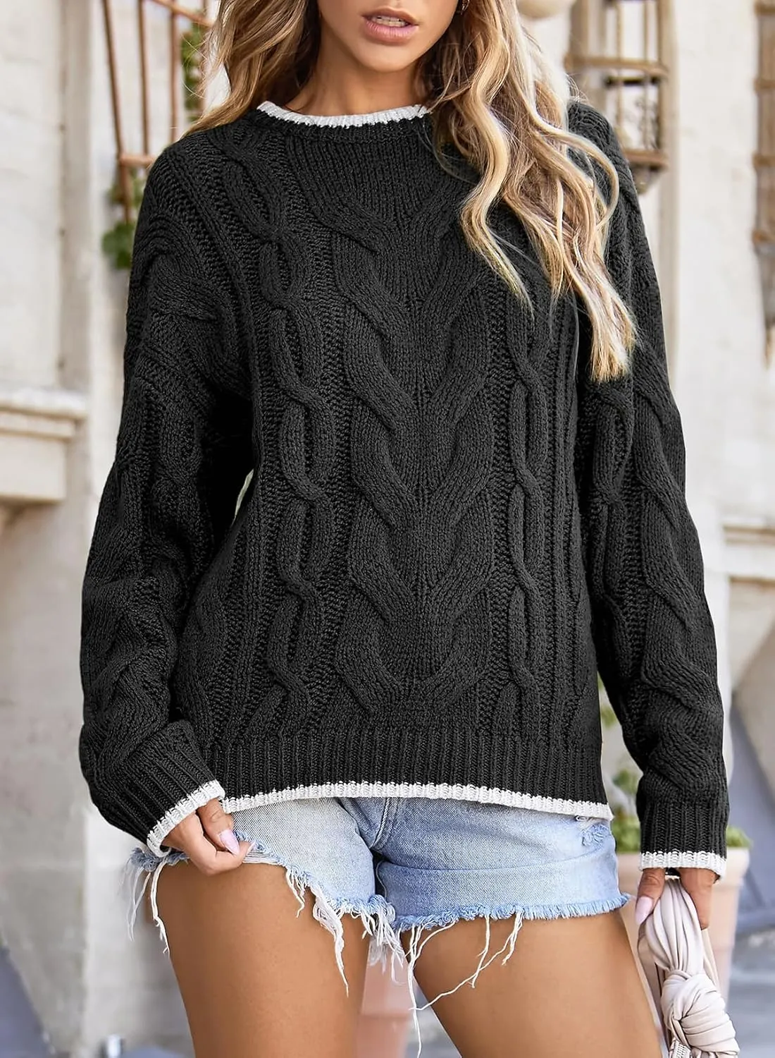 EVALESS Sweaters for Women Trendy Crewneck Long Sleeve Color Block Sweater Tops Fall 2024 Chunky Cable Knit Pullover Sweaters
