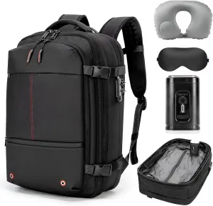 Expandable 60L Travel Backpack with Vacuum Seal Air Compression System,Water-Resistant TSA Lock Carry-On Luggage,Black Aero (Vacuum Pump Included)
