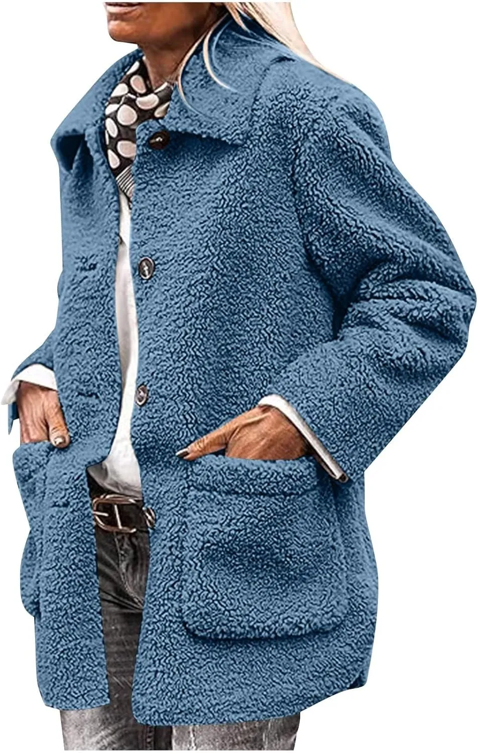 Faux Fur Jacket Shaggy Button Down Lapel Fuzzy Fleece Coat Casual Long Sleeve Warm Plush Sherpa Jacket with Pocket