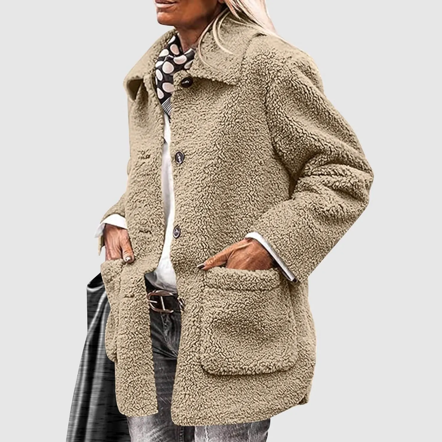 Faux Fur Jacket Shaggy Button Down Lapel Fuzzy Fleece Coat Casual Long Sleeve Warm Plush Sherpa Jacket with Pocket