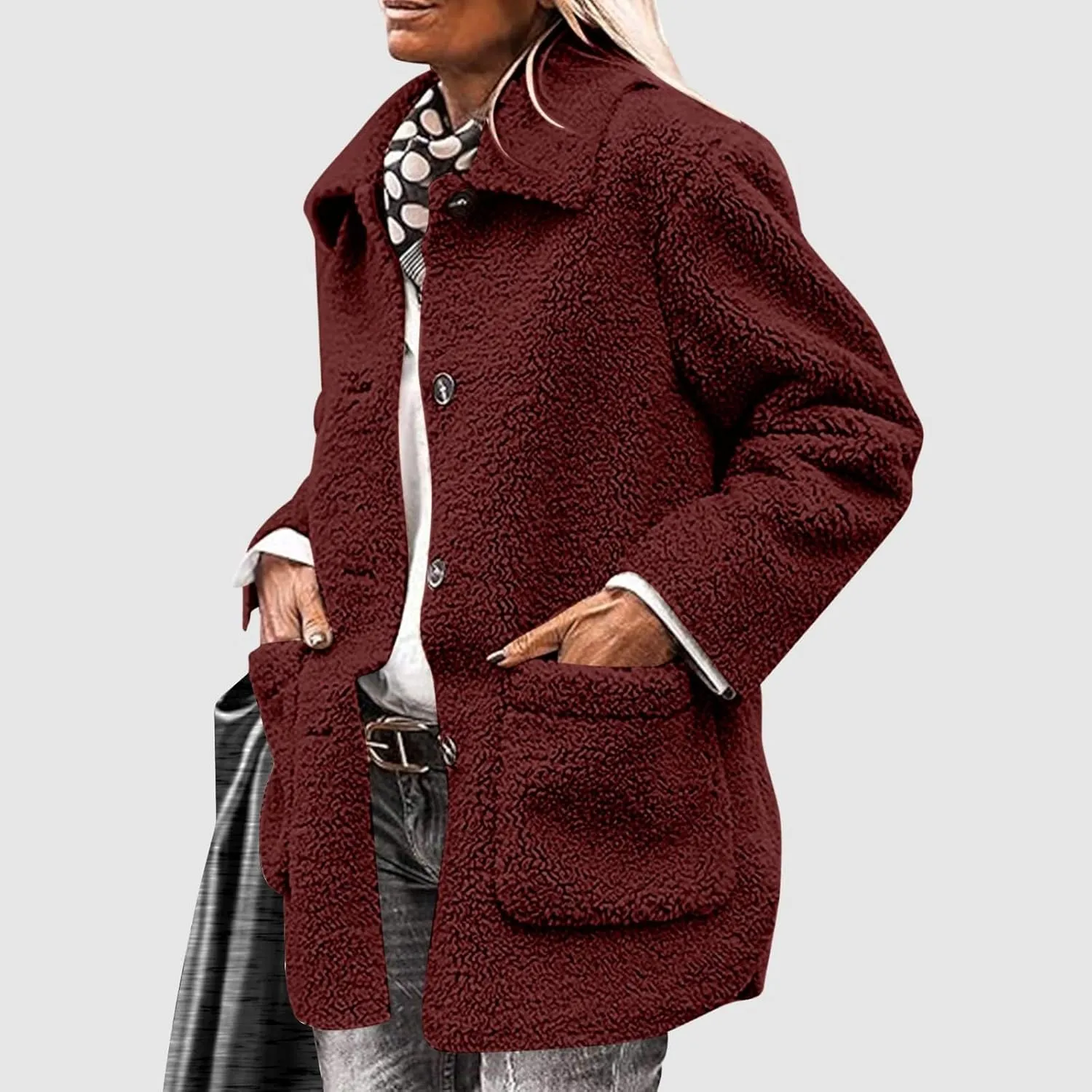 Faux Fur Jacket Shaggy Button Down Lapel Fuzzy Fleece Coat Casual Long Sleeve Warm Plush Sherpa Jacket with Pocket