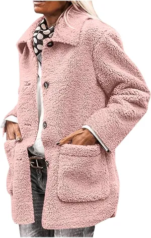 Faux Fur Jacket Shaggy Button Down Lapel Fuzzy Fleece Coat Casual Long Sleeve Warm Plush Sherpa Jacket with Pocket