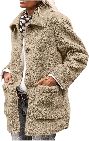 Faux Fur Jacket Shaggy Button Down Lapel Fuzzy Fleece Coat Casual Long Sleeve Warm Plush Sherpa Jacket with Pocket