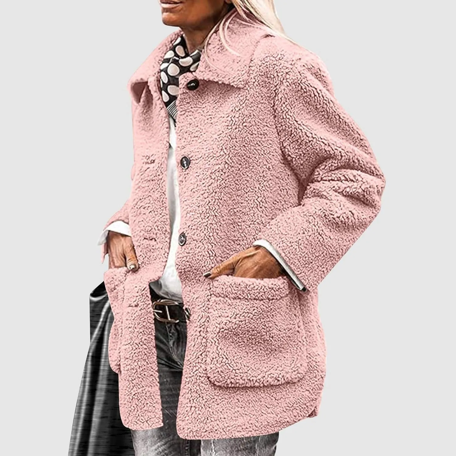 Faux Fur Jacket Shaggy Button Down Lapel Fuzzy Fleece Coat Casual Long Sleeve Warm Plush Sherpa Jacket with Pocket