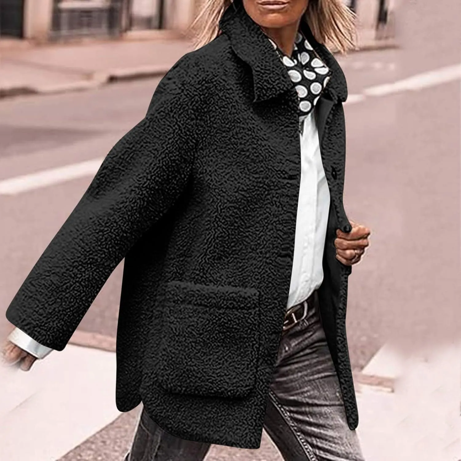 Faux Fur Jacket Shaggy Button Down Lapel Fuzzy Fleece Coat Casual Long Sleeve Warm Plush Sherpa Jacket with Pocket