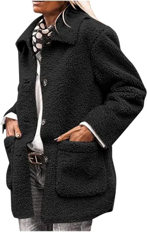 Faux Fur Jacket Shaggy Button Down Lapel Fuzzy Fleece Coat Casual Long Sleeve Warm Plush Sherpa Jacket with Pocket