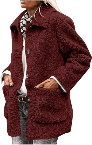 Faux Fur Jacket Shaggy Button Down Lapel Fuzzy Fleece Coat Casual Long Sleeve Warm Plush Sherpa Jacket with Pocket