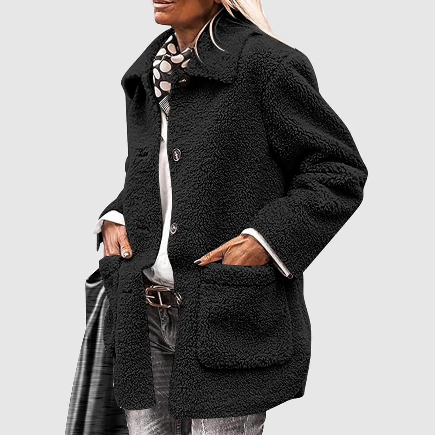 Faux Fur Jacket Shaggy Button Down Lapel Fuzzy Fleece Coat Casual Long Sleeve Warm Plush Sherpa Jacket with Pocket