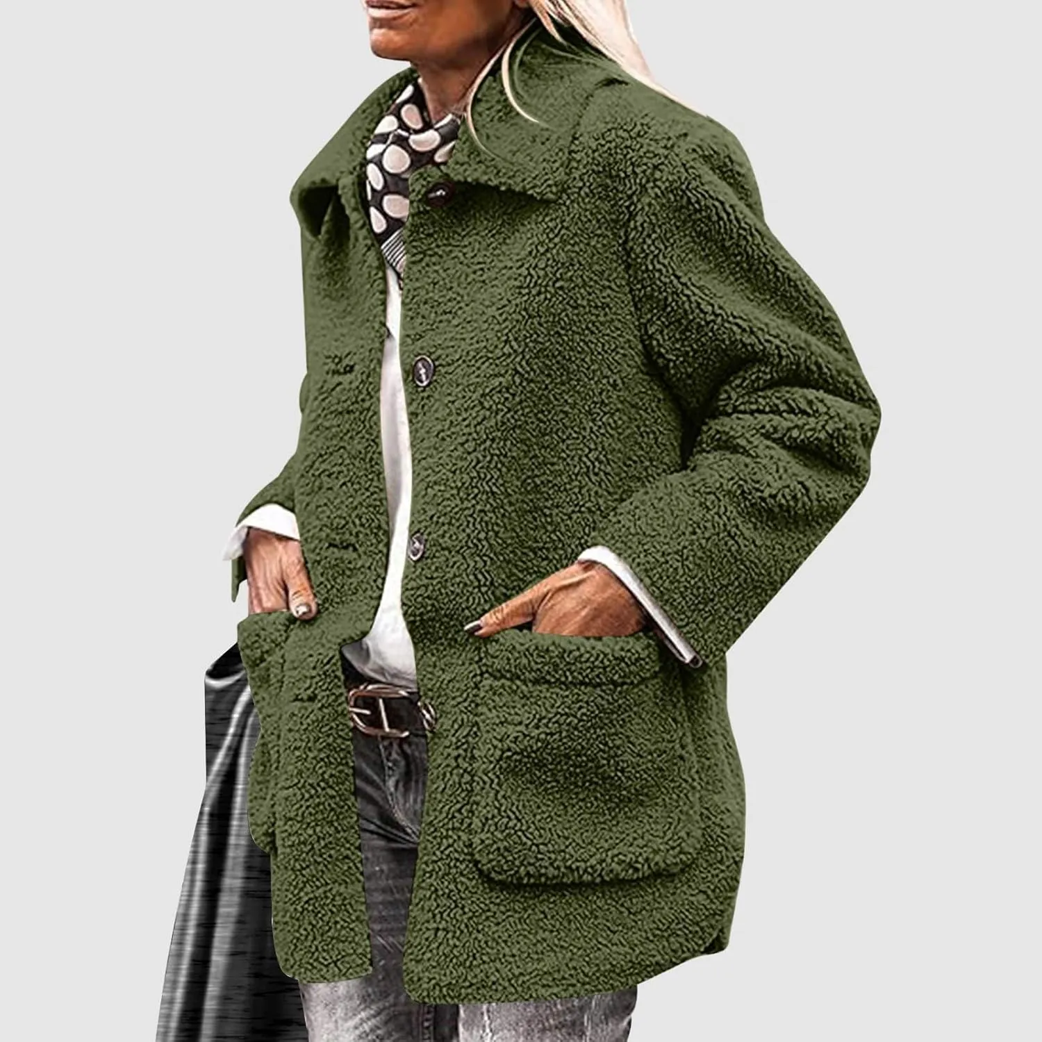 Faux Fur Jacket Shaggy Button Down Lapel Fuzzy Fleece Coat Casual Long Sleeve Warm Plush Sherpa Jacket with Pocket