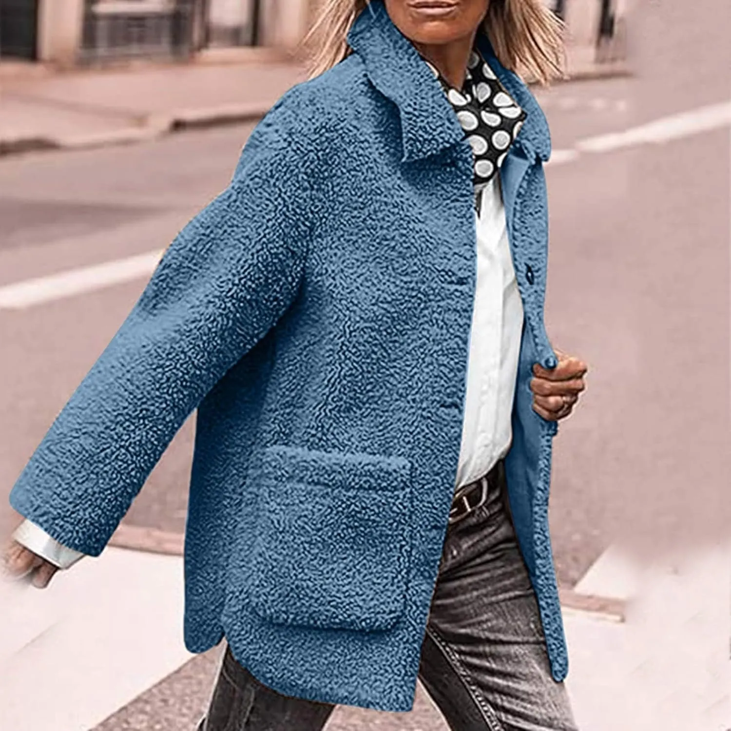 Faux Fur Jacket Shaggy Button Down Lapel Fuzzy Fleece Coat Casual Long Sleeve Warm Plush Sherpa Jacket with Pocket
