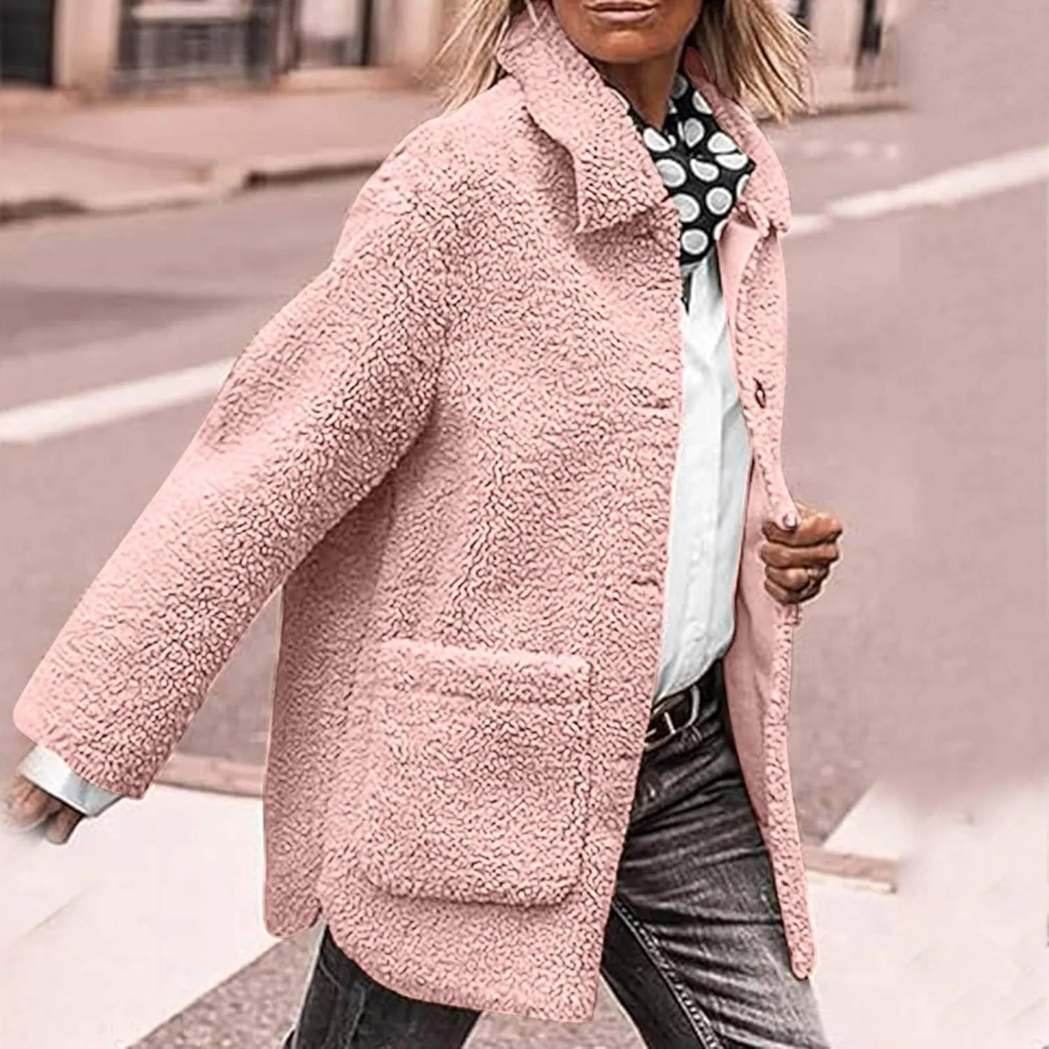 Faux Fur Jacket Shaggy Button Down Lapel Fuzzy Fleece Coat Casual Long Sleeve Warm Plush Sherpa Jacket with Pocket