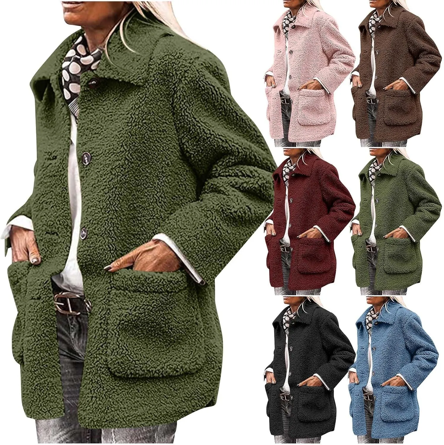 Faux Fur Jacket Shaggy Button Down Lapel Fuzzy Fleece Coat Casual Long Sleeve Warm Plush Sherpa Jacket with Pocket