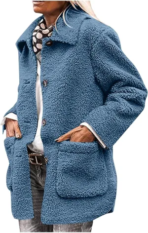 Faux Fur Jacket Shaggy Button Down Lapel Fuzzy Fleece Coat Casual Long Sleeve Warm Plush Sherpa Jacket with Pocket