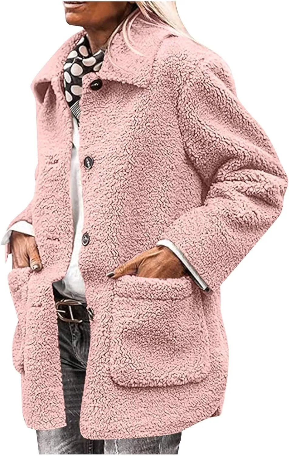 Faux Fur Jacket Shaggy Button Down Lapel Fuzzy Fleece Coat Casual Long Sleeve Warm Plush Sherpa Jacket with Pocket
