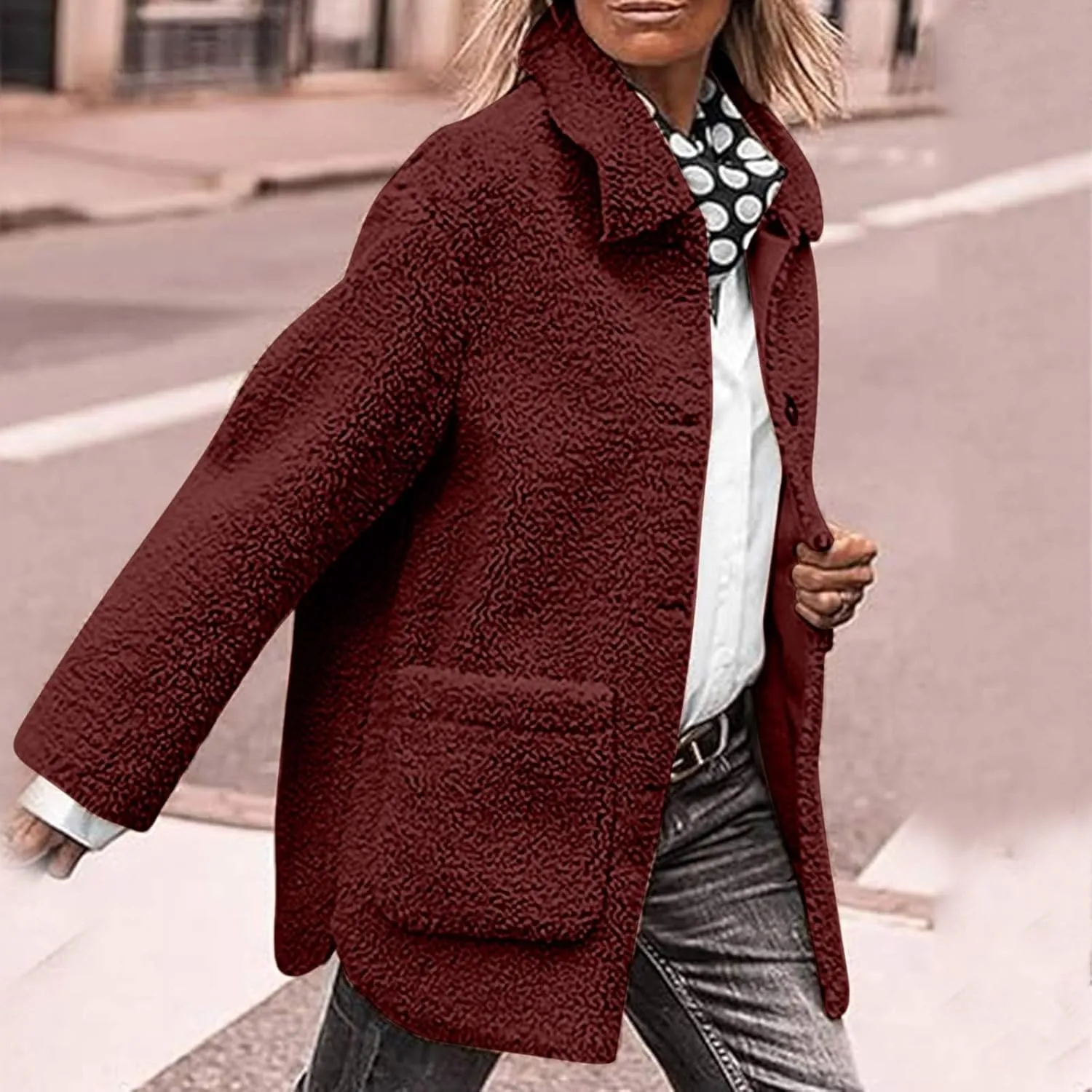 Faux Fur Jacket Shaggy Button Down Lapel Fuzzy Fleece Coat Casual Long Sleeve Warm Plush Sherpa Jacket with Pocket