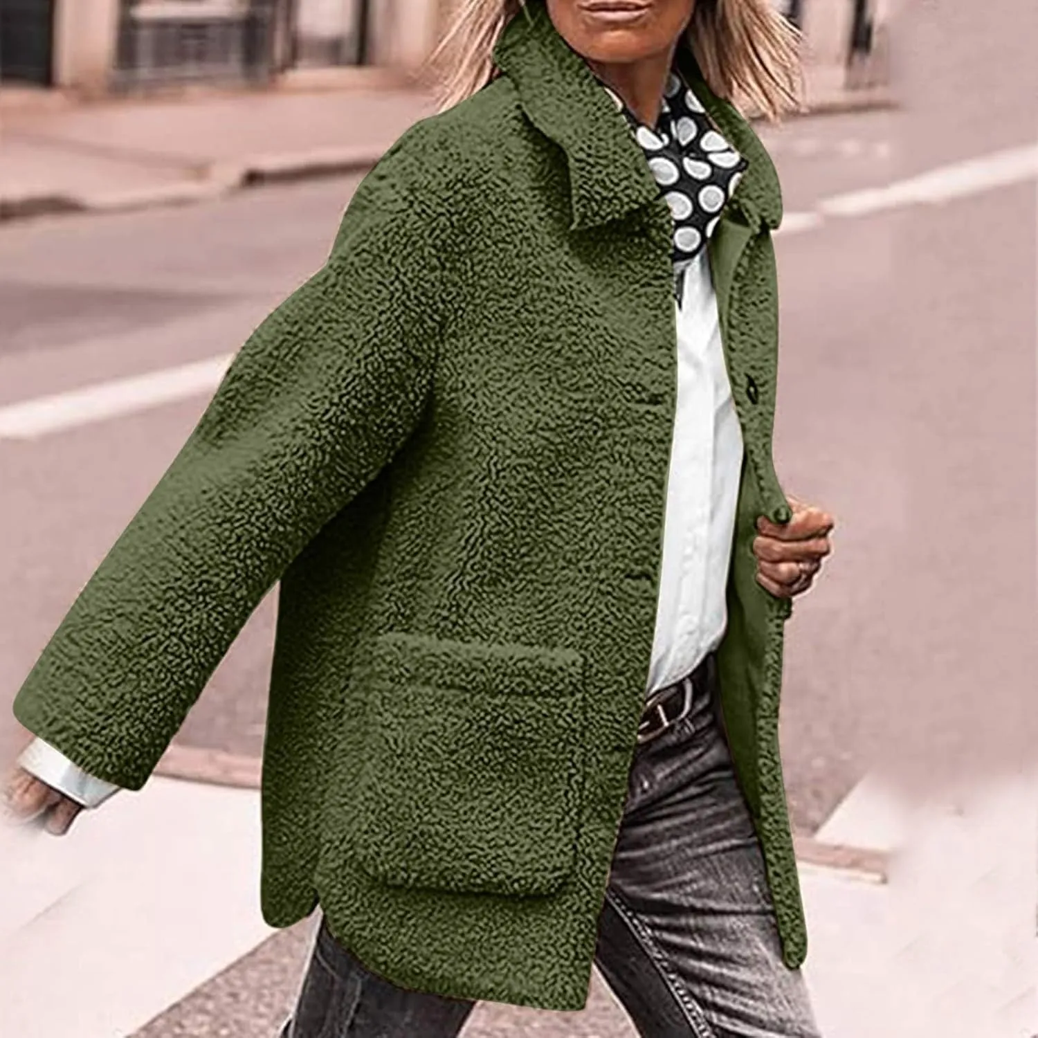 Faux Fur Jacket Shaggy Button Down Lapel Fuzzy Fleece Coat Casual Long Sleeve Warm Plush Sherpa Jacket with Pocket