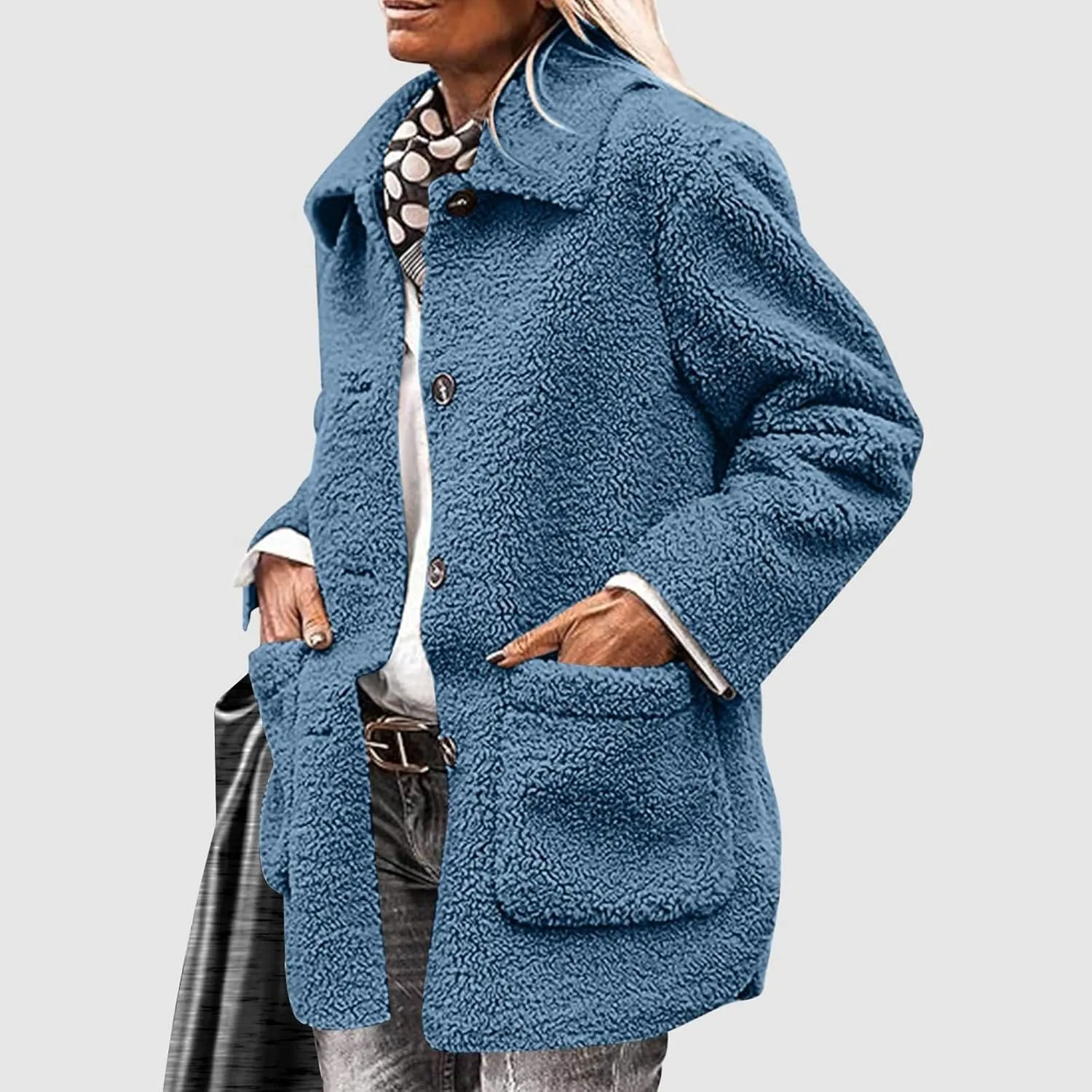 Faux Fur Jacket Shaggy Button Down Lapel Fuzzy Fleece Coat Casual Long Sleeve Warm Plush Sherpa Jacket with Pocket