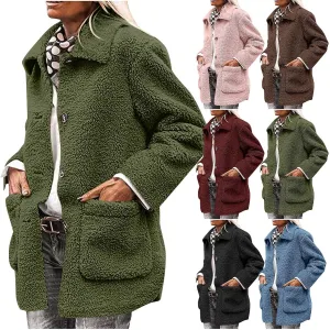 Faux Fur Jacket Shaggy Button Down Lapel Fuzzy Fleece Coat Casual Long Sleeve Warm Plush Sherpa Jacket with Pocket