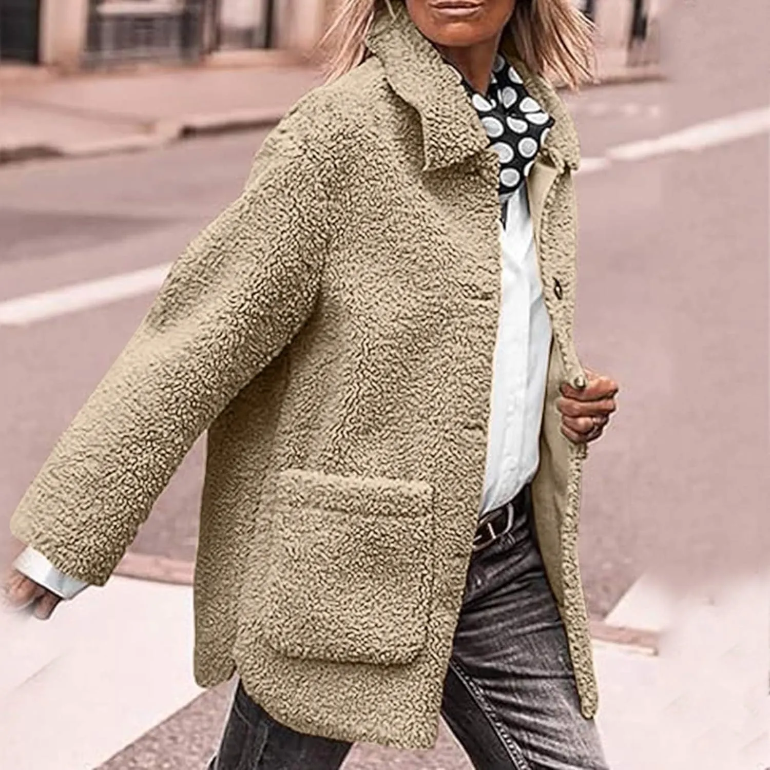 Faux Fur Jacket Shaggy Button Down Lapel Fuzzy Fleece Coat Casual Long Sleeve Warm Plush Sherpa Jacket with Pocket