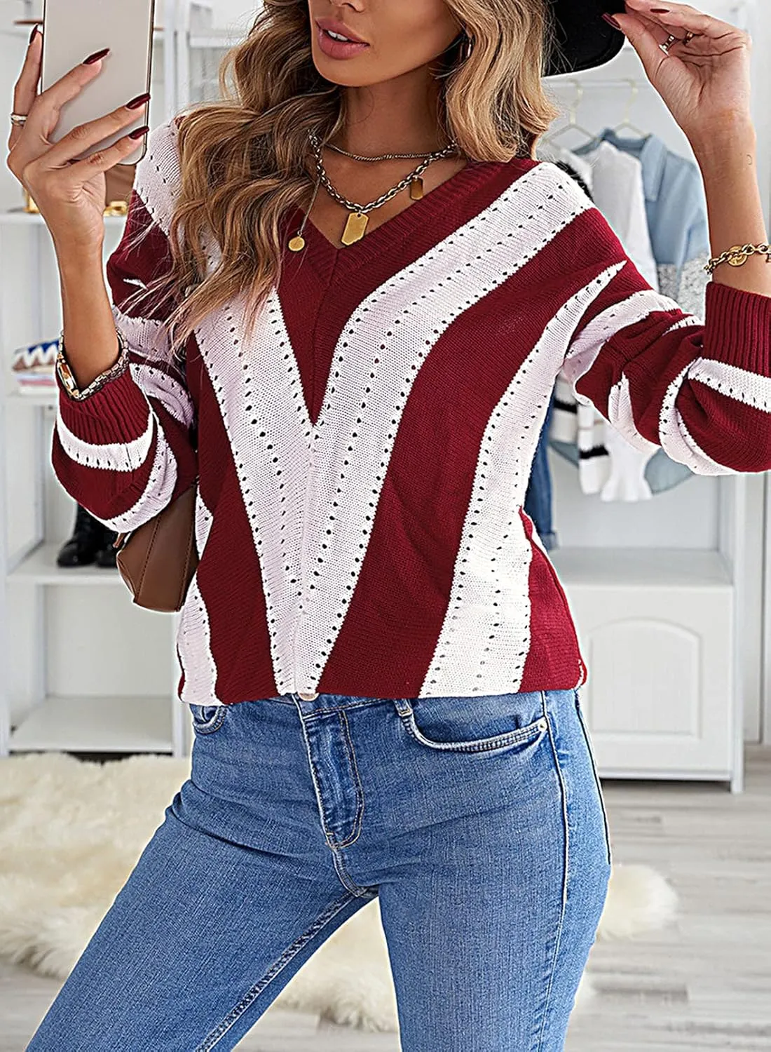 FEKOAFE Womens 2025 Deep V Neck Sweaters Striped Long Sleeve Knit Pullover Sweaters for Women