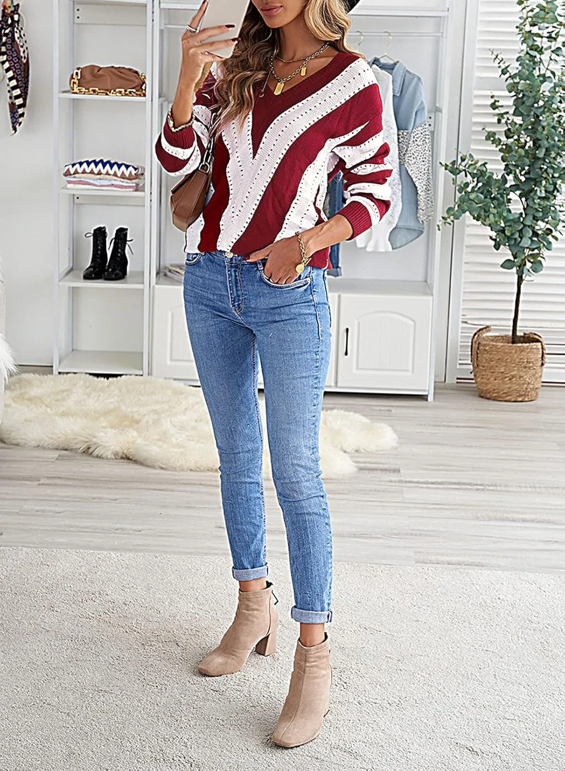 FEKOAFE Womens 2025 Deep V Neck Sweaters Striped Long Sleeve Knit Pullover Sweaters for Women