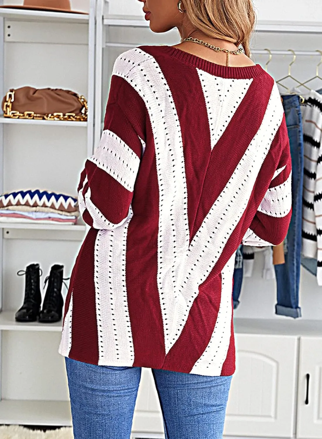FEKOAFE Womens 2025 Deep V Neck Sweaters Striped Long Sleeve Knit Pullover Sweaters for Women