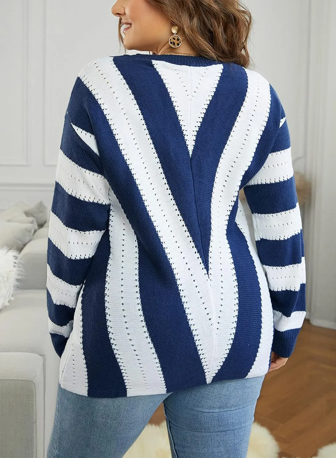 FEKOAFE Womens 2025 Deep V Neck Sweaters Striped Long Sleeve Knit Pullover Sweaters for Women