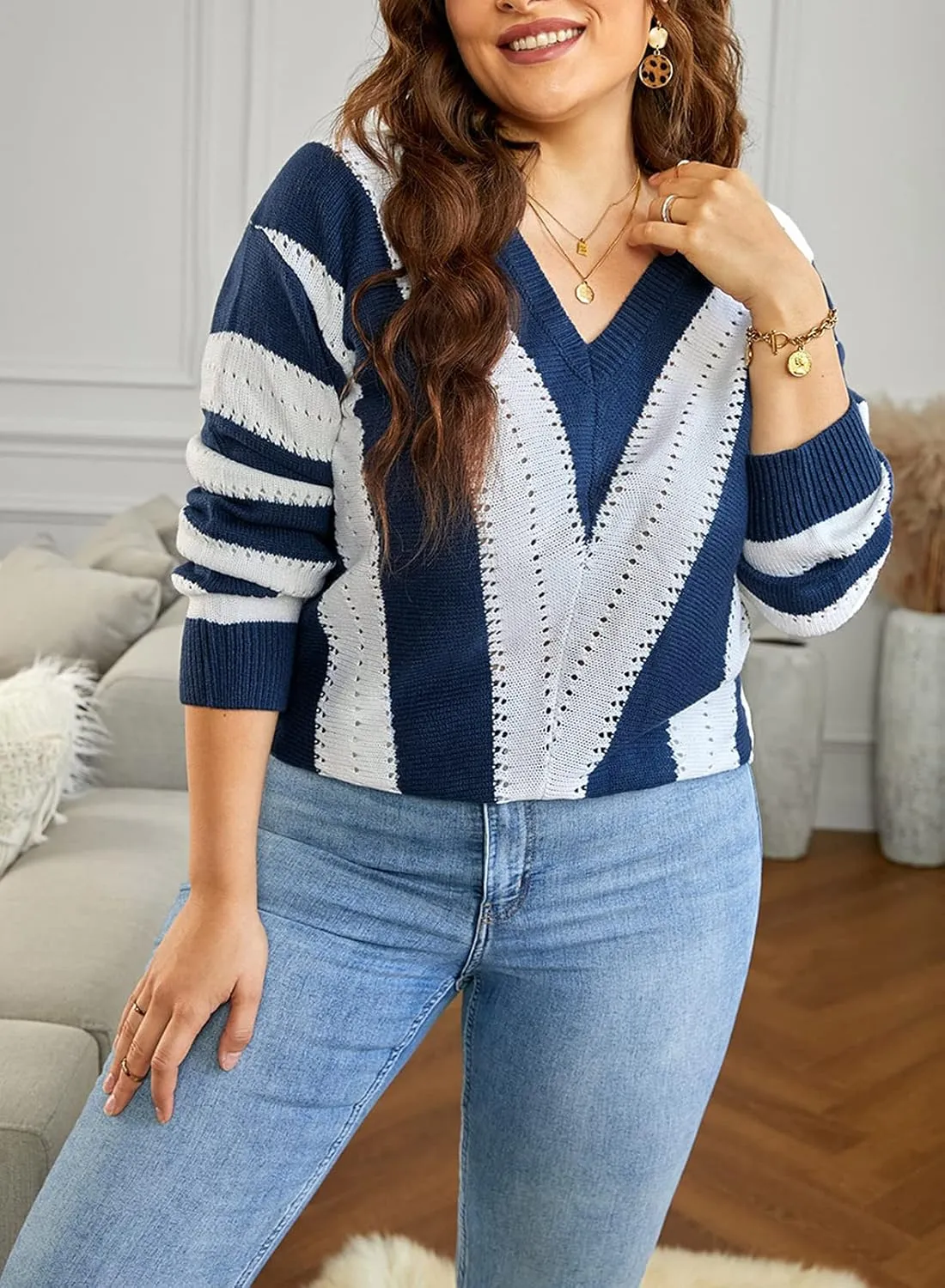FEKOAFE Womens 2025 Deep V Neck Sweaters Striped Long Sleeve Knit Pullover Sweaters for Women