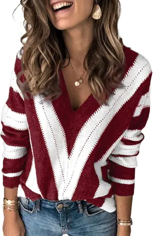 FEKOAFE Womens 2025 Deep V Neck Sweaters Striped Long Sleeve Knit Pullover Sweaters for Women
