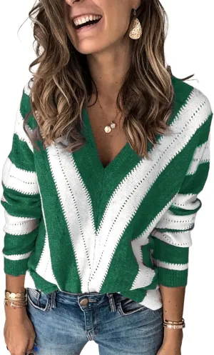 FEKOAFE Womens 2025 Deep V Neck Sweaters Striped Long Sleeve Knit Pullover Sweaters for Women