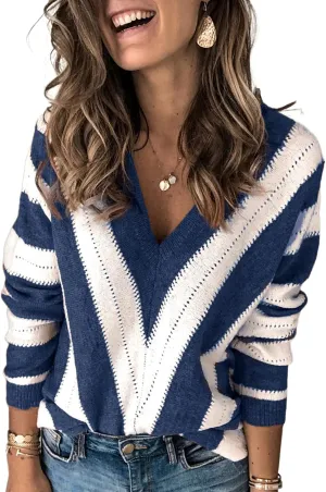 FEKOAFE Womens 2025 Deep V Neck Sweaters Striped Long Sleeve Knit Pullover Sweaters for Women