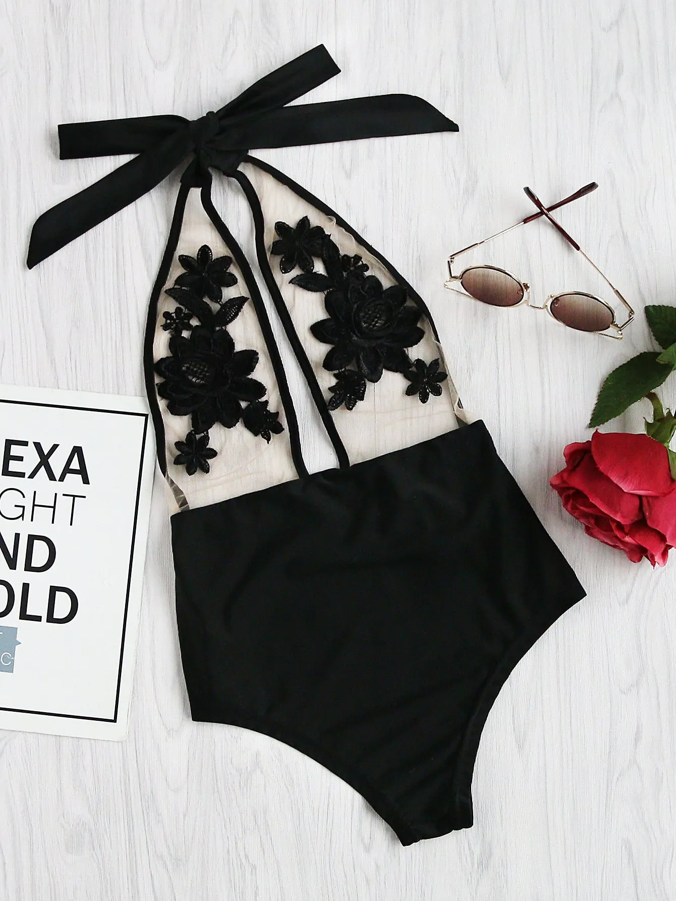 Flower Embroidery Halter Mesh Swimsuit