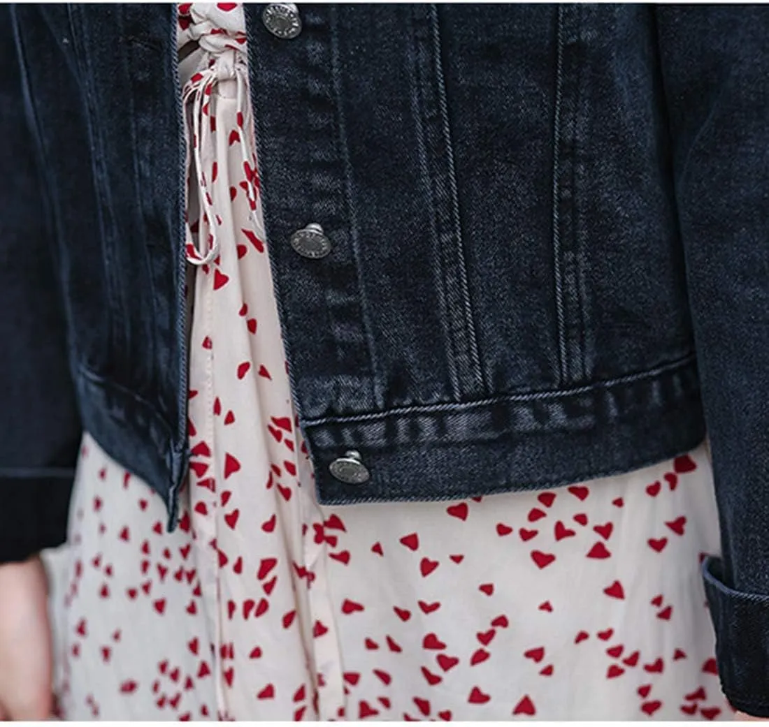 Flygo Women's Denim Trucker Jacket Distressed Beaded Pearls Button Down Jean Coat