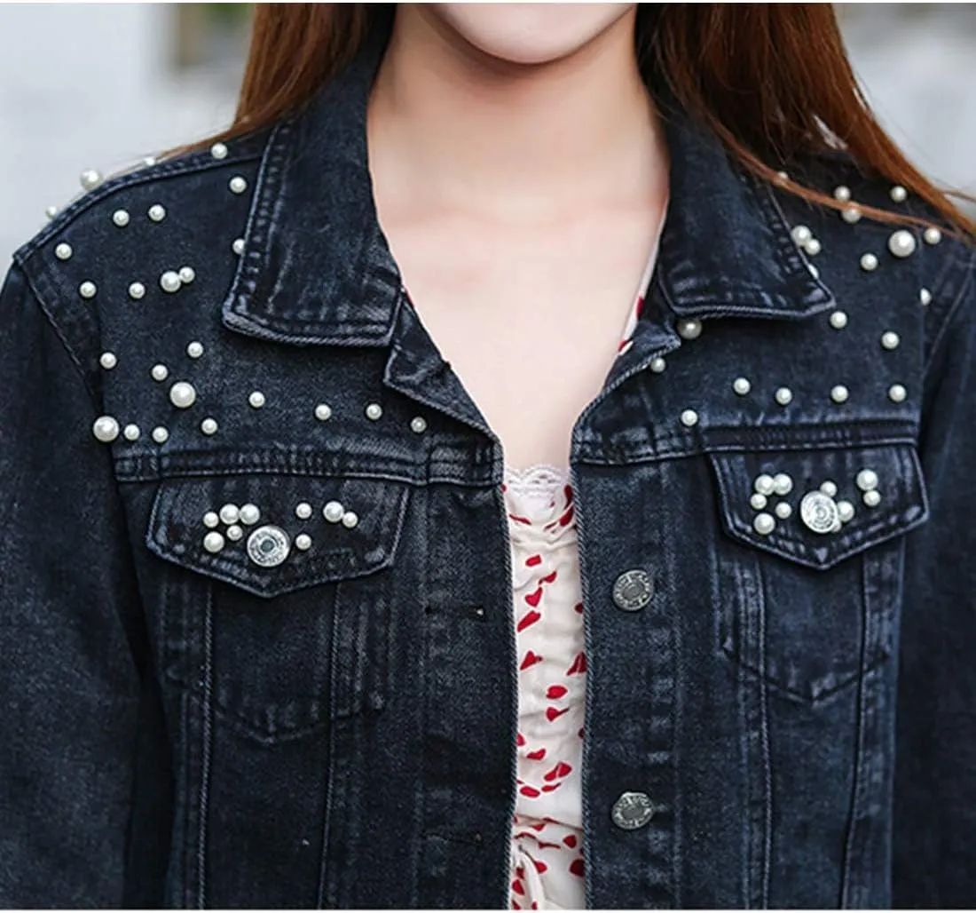 Flygo Women's Denim Trucker Jacket Distressed Beaded Pearls Button Down Jean Coat